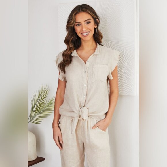 (8093-RED) SOLID RUFFLE SHORT SLEEVE CHEST POCKET BUTTON DOWN LINEN TOP - Picture 3 of 6